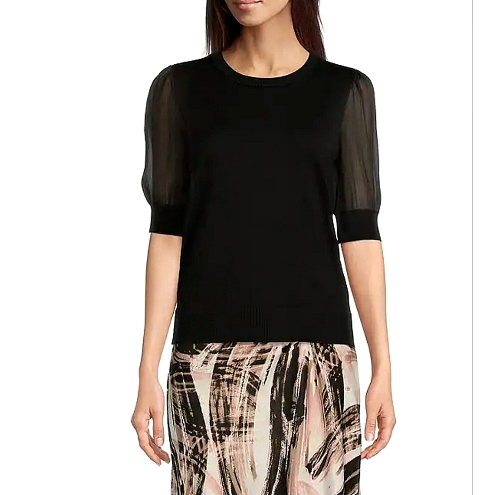 DKNY sweater mix media sheer puff short sleeve sweater
